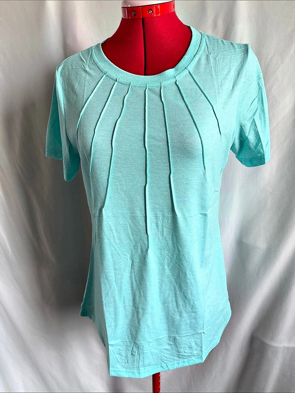 RIROW Pleated Neck Short Sleeve Top in Blue Small NWT
